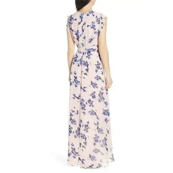 NWT Eliza J Floral Chiffon High-Low V-Neck Waist Tie Maxi Dress Pink Blue 2 - Picture 3 of 10